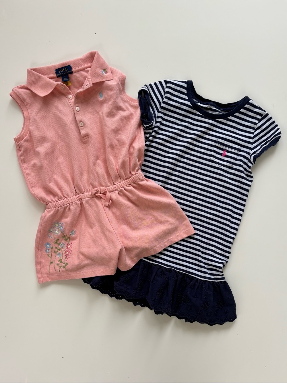 Ralph Lauren Pink Sleeveless Polo Romper and Navy Striped Tee Dress Set